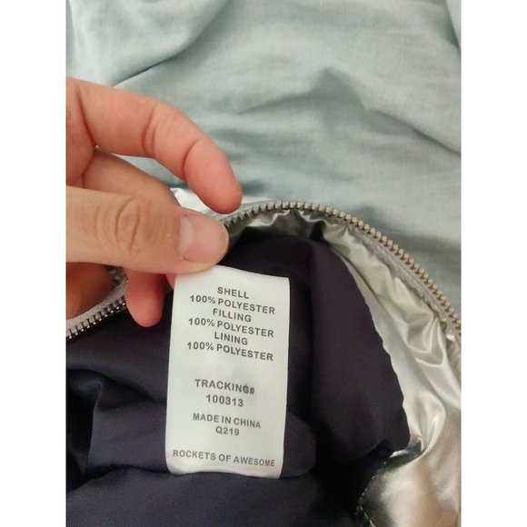 🚀 Rockets Of Awesome Metallic Silver Bomber Jacket Navy Blue White Stripes (L) - Picture 7 of 7